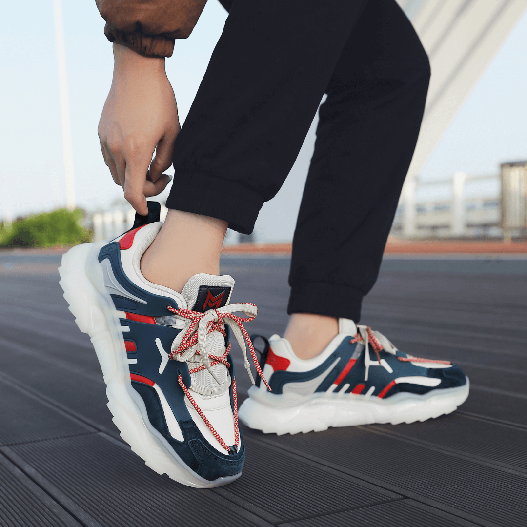 navy blue and red sneakers